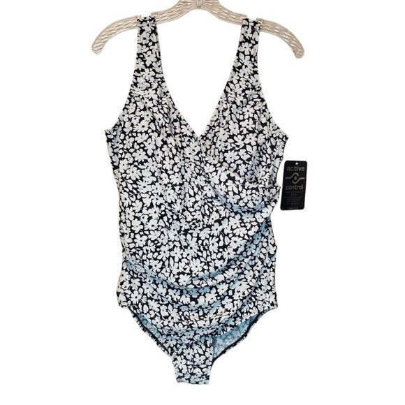 Leo Levine Swimsuit One Piece 16W Black White Floral Plus Slimming $115 New Tags - Picture 1 of 13